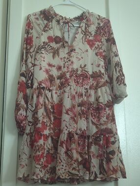 Boho Floral Tiered Tunic Dress in Cream and Rose